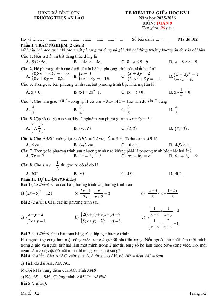 đề giữa học kỳ 1 toán 9 năm 2025 – 2026 trường thcs an lão – ninh bình 2