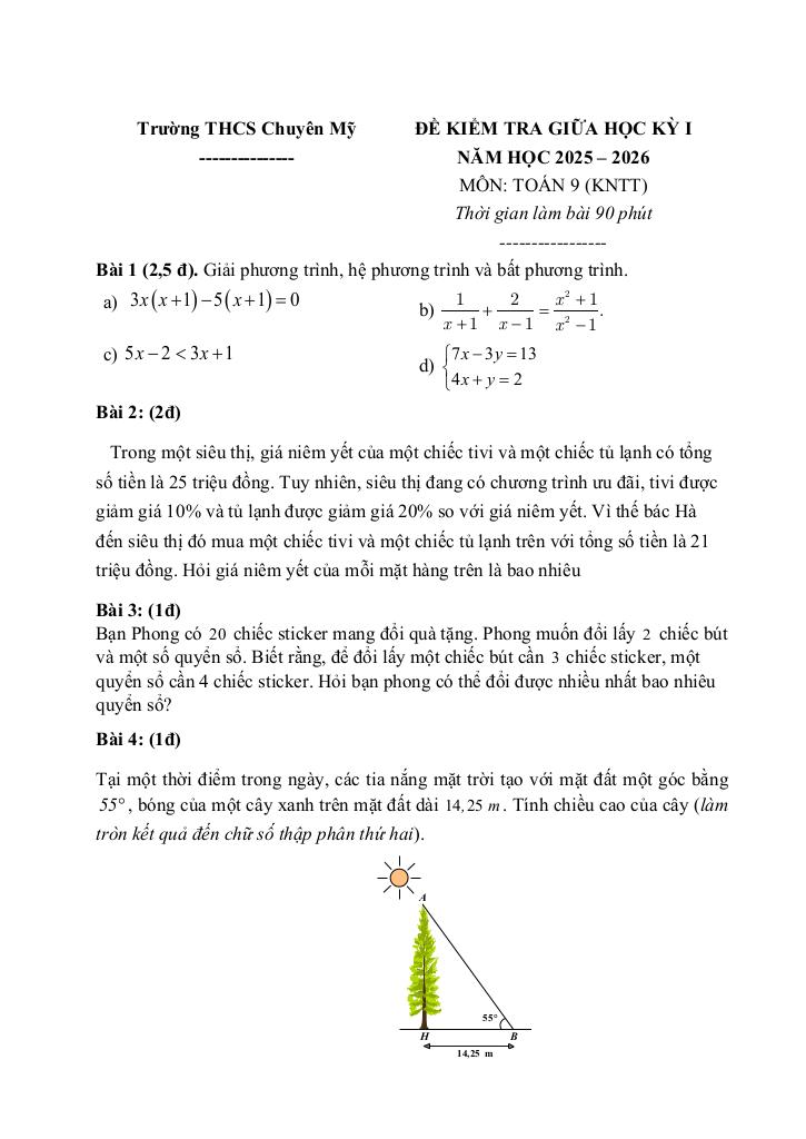 đề giữa học kỳ 1 toán 9 năm 2025 – 2026 trường thcs chuyên mỹ – hà nội 4