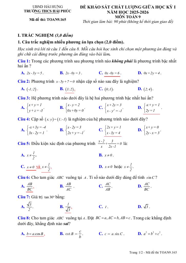 đề giữa học kỳ 1 toán 9 năm 2025 – 2026 trường thcs hải phúc – ninh bình 0