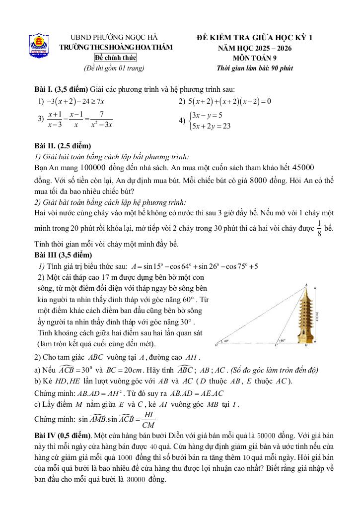 đề giữa học kỳ 1 toán 9 năm 2025 – 2026 trường thcs hoàng hoa thám – hà nội 3