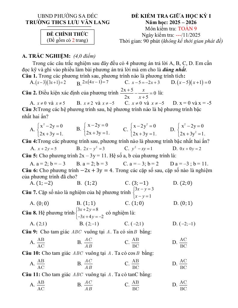 đề giữa học kỳ 1 toán 9 năm 2025 – 2026 trường thcs lưu văn lang – đồng tháp 0