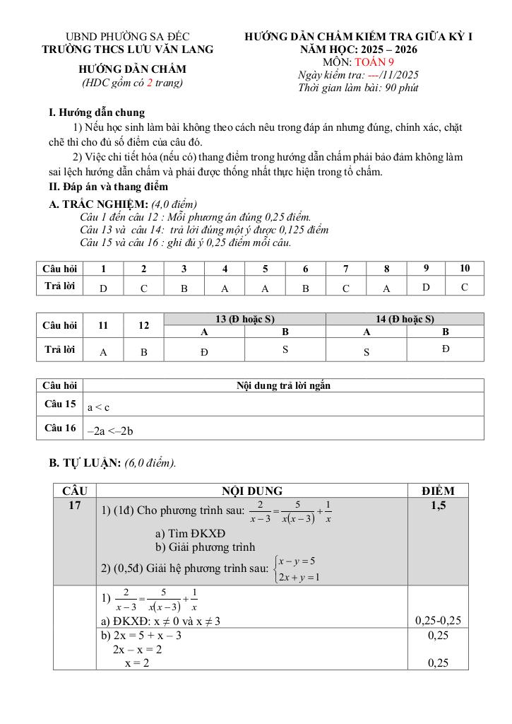 đề giữa học kỳ 1 toán 9 năm 2025 – 2026 trường thcs lưu văn lang – đồng tháp 2