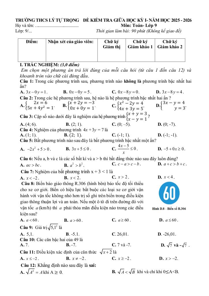 đề giữa học kỳ 1 toán 9 năm 2025 – 2026 trường thcs lý tự trọng – đà nẵng 3