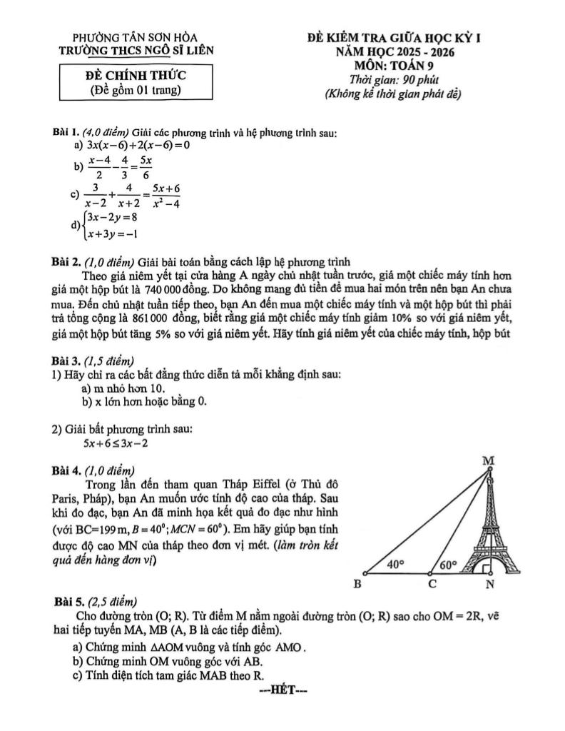 đề giữa học kỳ 1 toán 9 năm 2025 – 2026 trường thcs ngô sĩ liên – tp hcm