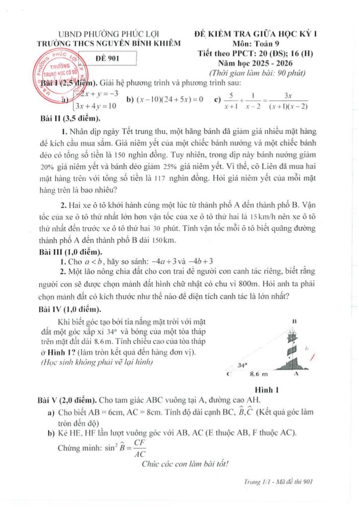 đề giữa học kỳ 1 toán 9 năm 2025 – 2026 trường thcs nguyễn bỉnh khiêm – hà nội 0