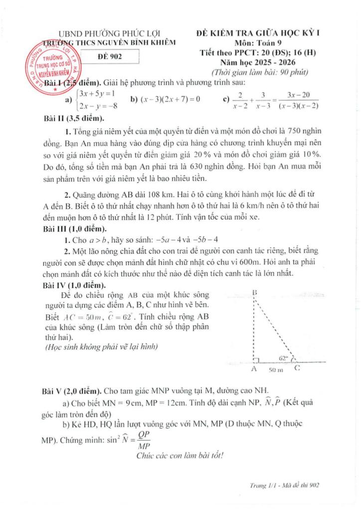 đề giữa học kỳ 1 toán 9 năm 2025 – 2026 trường thcs nguyễn bỉnh khiêm – hà nội 1