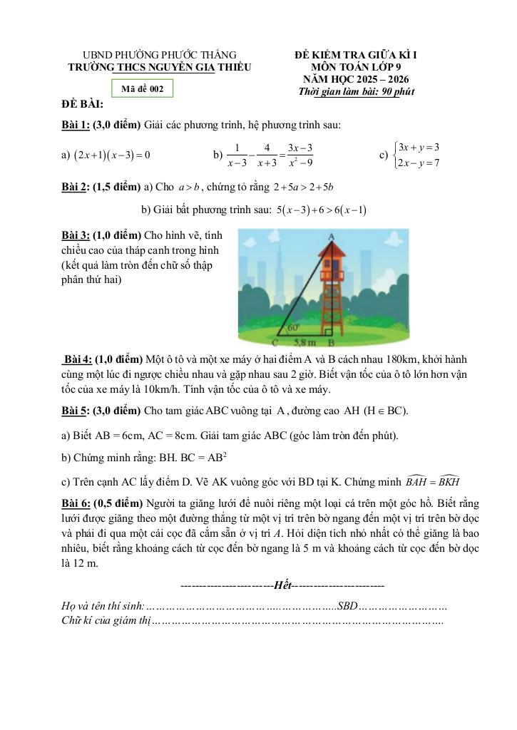 đề giữa học kỳ 1 toán 9 năm 2025 – 2026 trường thcs nguyễn gia thiều – tp hcm 8