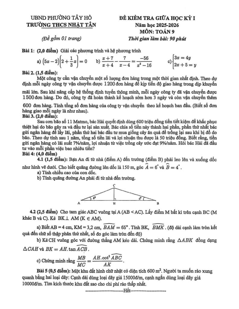 đề giữa học kỳ 1 toán 9 năm 2025 – 2026 trường thcs nhật tân – hà nội