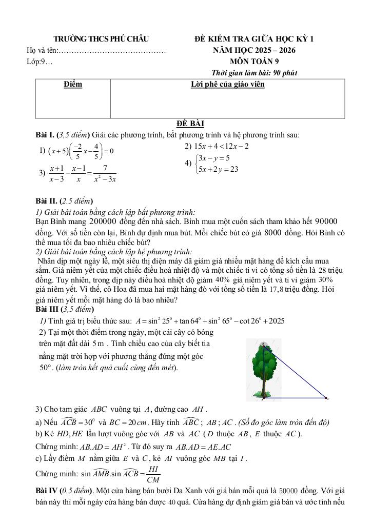 đề giữa học kỳ 1 toán 9 năm 2025 – 2026 trường thcs phú châu – hà nội 3