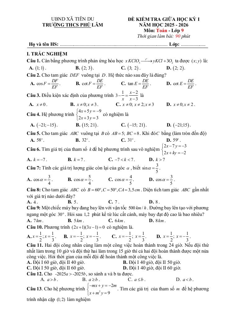 đề giữa học kỳ 1 toán 9 năm 2025 – 2026 trường thcs phú lâm – bắc ninh 0