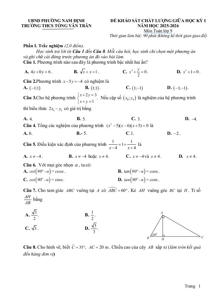 đề giữa học kỳ 1 toán 9 năm 2025 – 2026 trường thcs tống văn trân – ninh bình 0