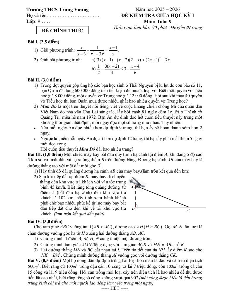 đề giữa học kỳ 1 toán 9 năm 2025 – 2026 trường thcs trưng vương – hà nội 0