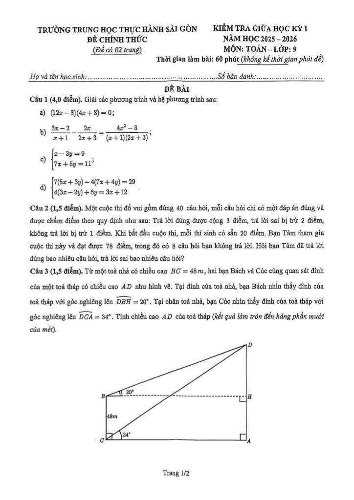 đề giữa học kỳ 1 toán 9 năm 2025 – 2026 trường thực hành sài gòn – tp hcm 0