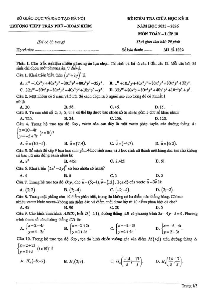 đề giữa học kỳ 2 toán 10 năm 2025 – 2026 trường thpt trần phú – hà nội - hình 1