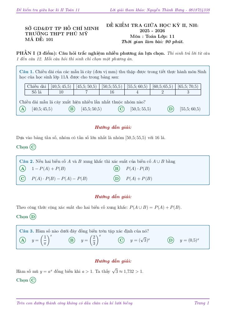 đề giữa học kỳ 2 toán 11 năm 2025 – 2026 trường thpt phú mỹ – tp hcm - hình 1