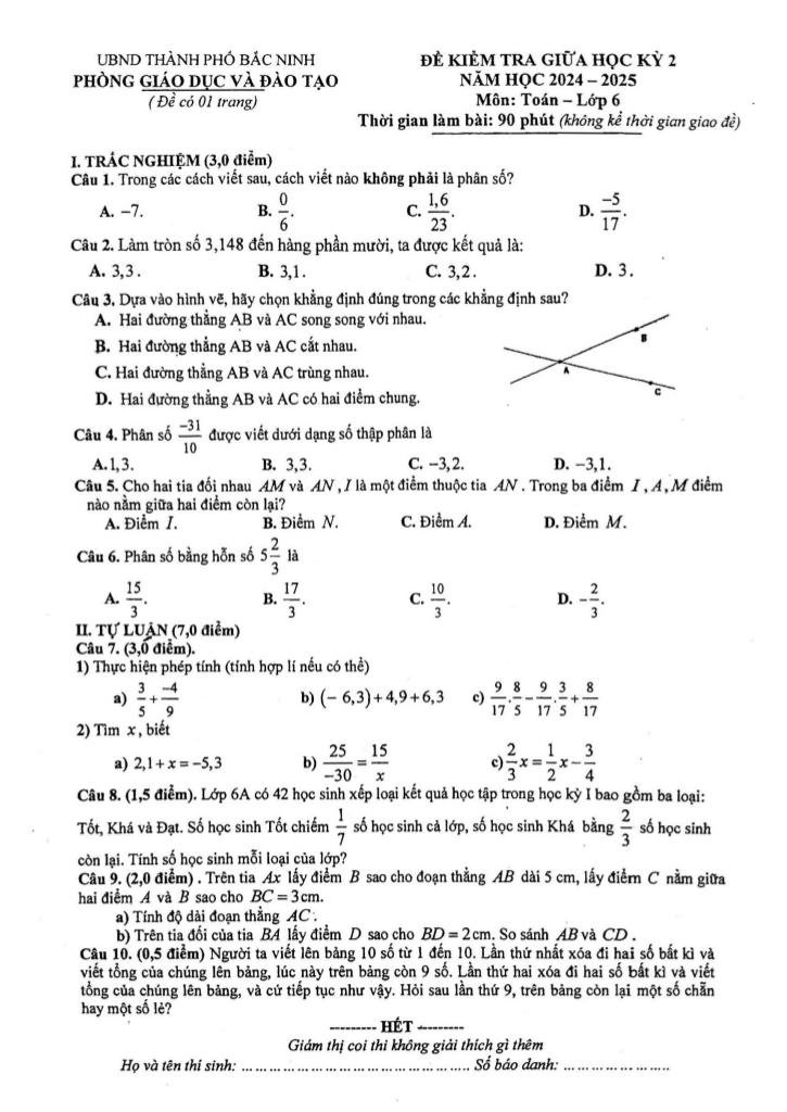 đề giữa học kỳ 2 toán 6 năm 2024 – 2025 phòng gd&đt thành phố bắc ninh