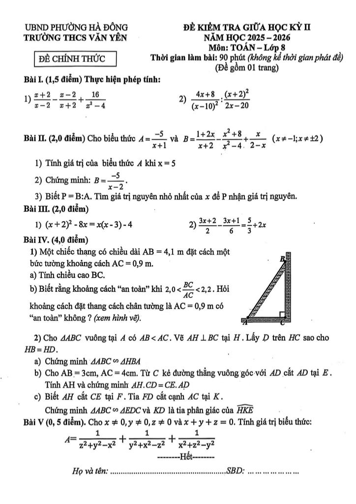 đề giữa học kỳ 2 toán 8 năm 2025 – 2026 trường thcs văn yên – hà nội