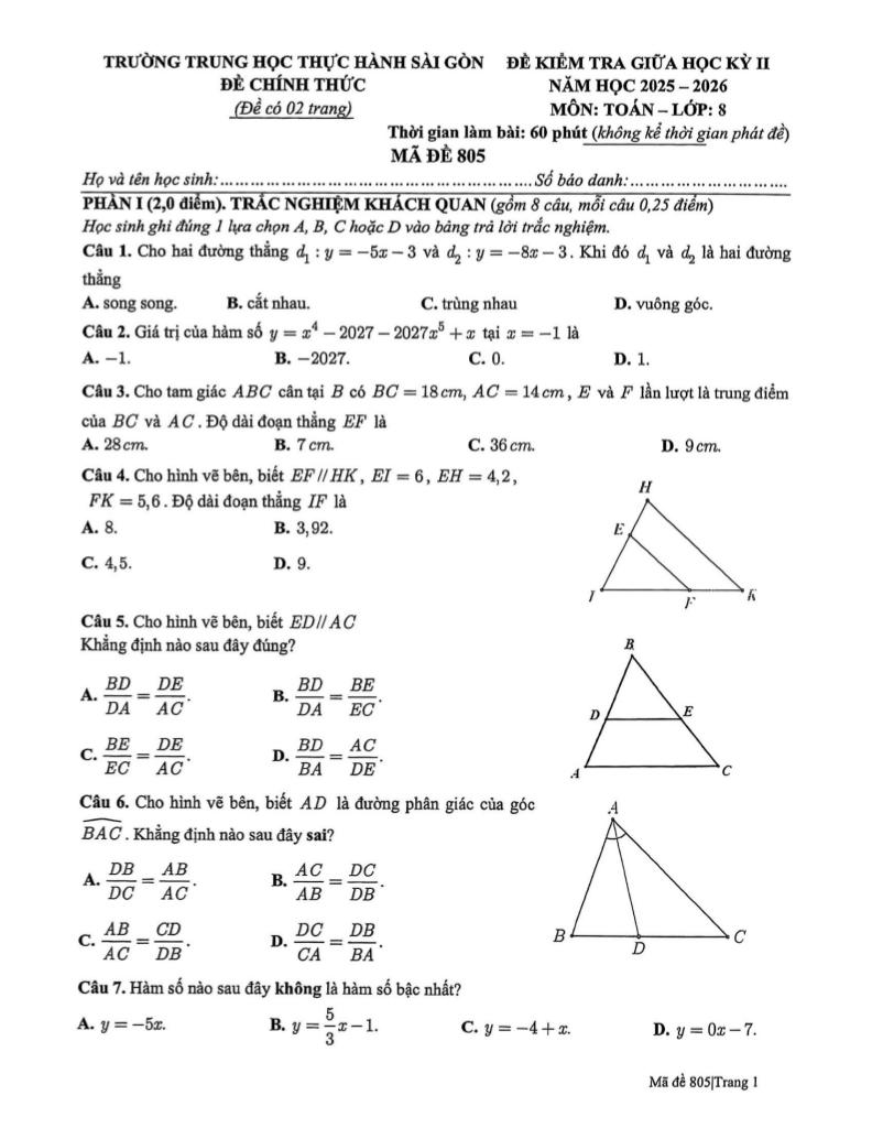 đề giữa học kỳ 2 toán 8 năm 2025 – 2026 trường thực hành sài gòn – tp hcm - hình 1