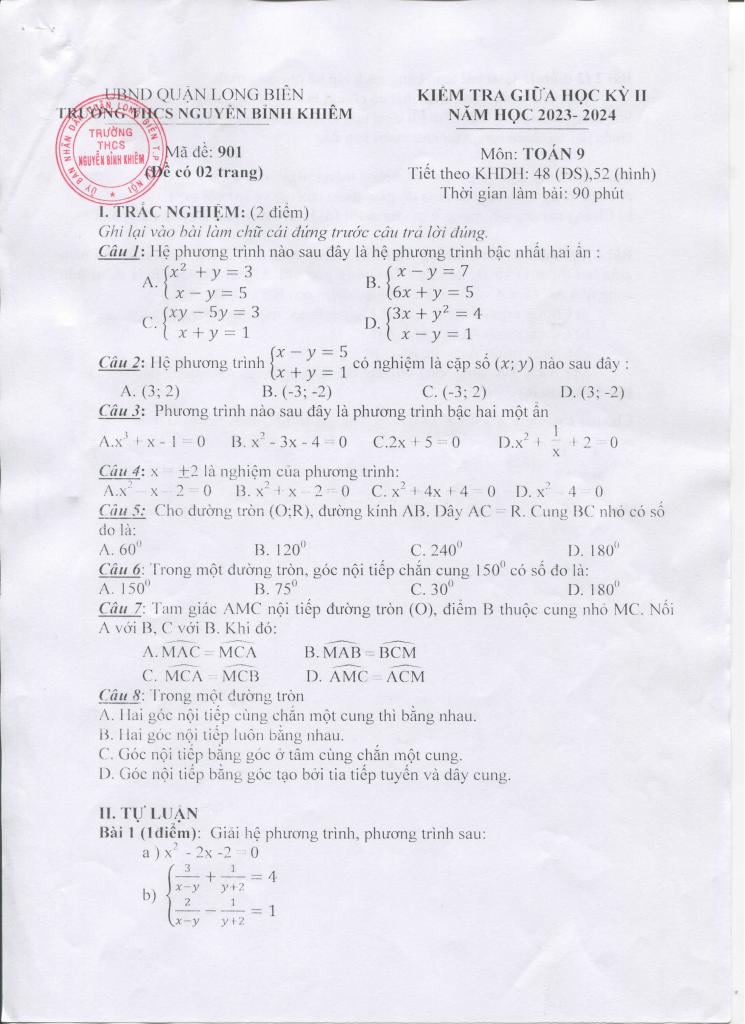 đề giữa học kỳ 2 toán 9 năm 2023 – 2024 trường thcs nguyễn bỉnh khiêm – hà nội 0