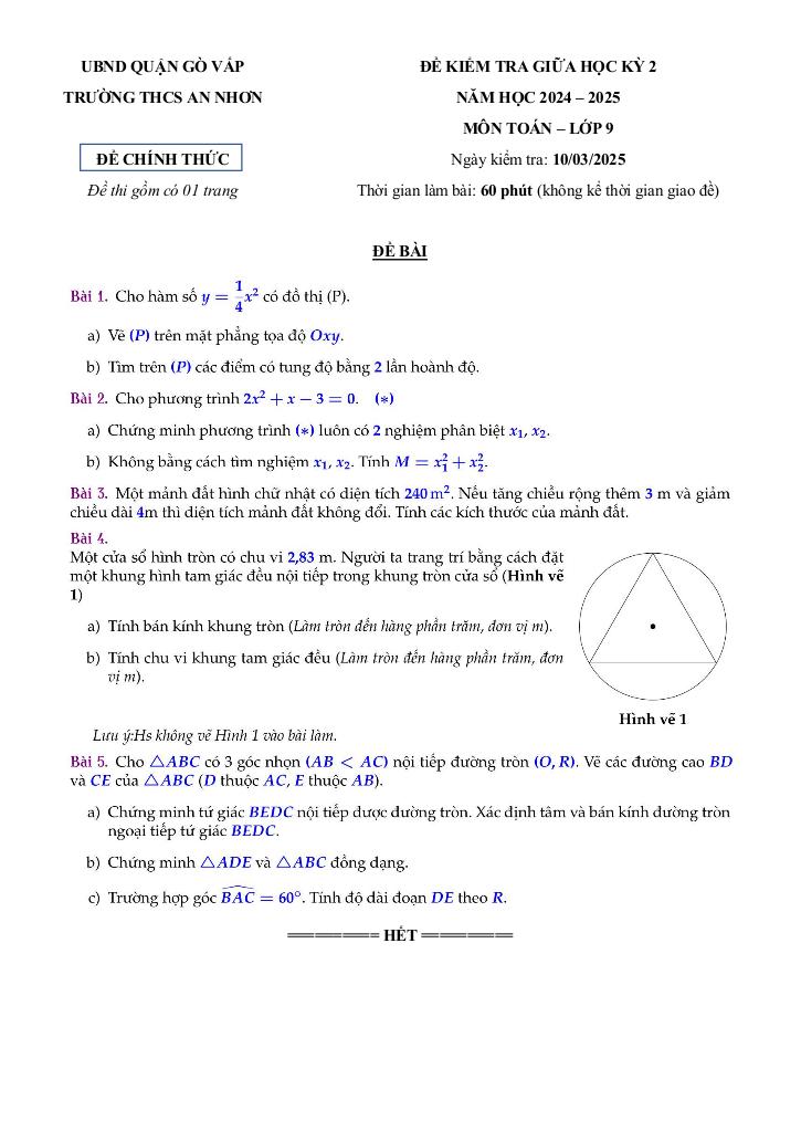 đề giữa học kỳ 2 toán 9 năm 2024 – 2025 trường thcs an nhơn – tp hcm