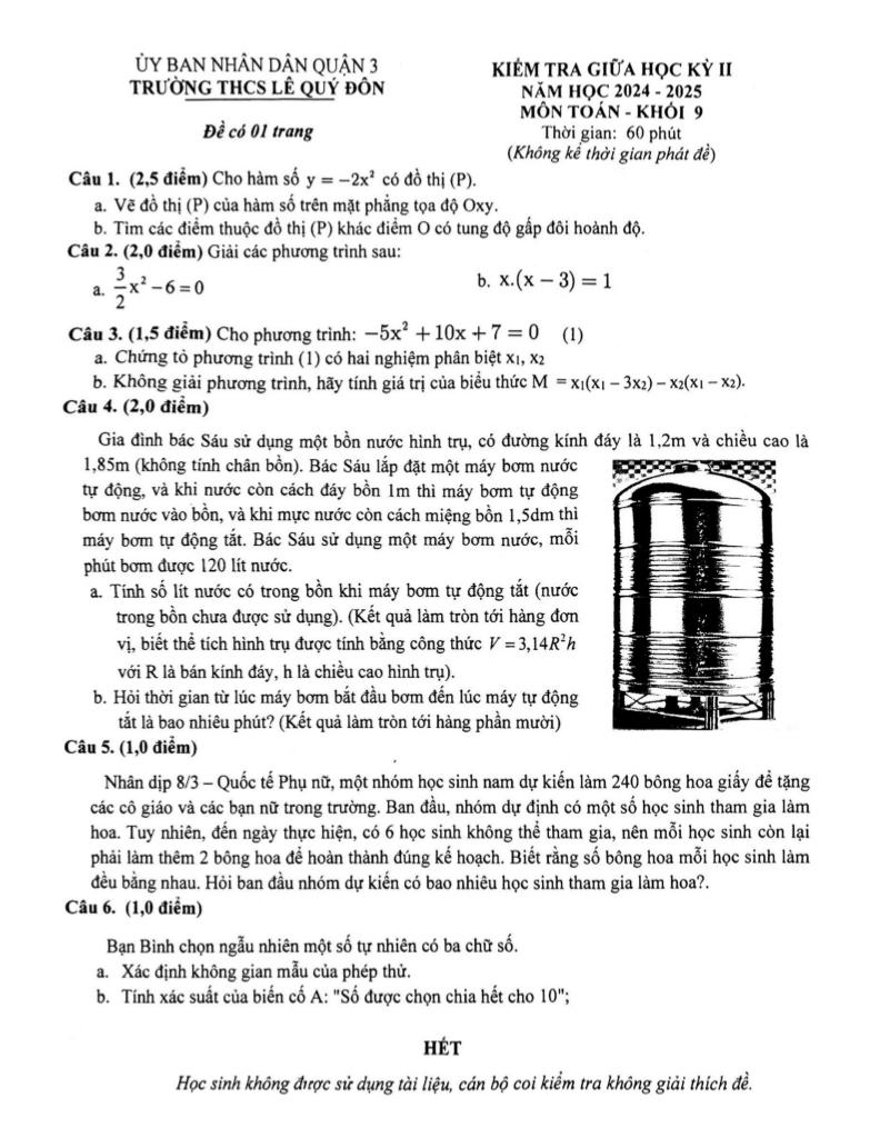 đề giữa học kỳ 2 toán 9 năm 2024 – 2025 trường thcs lê quý đôn – tp hcm