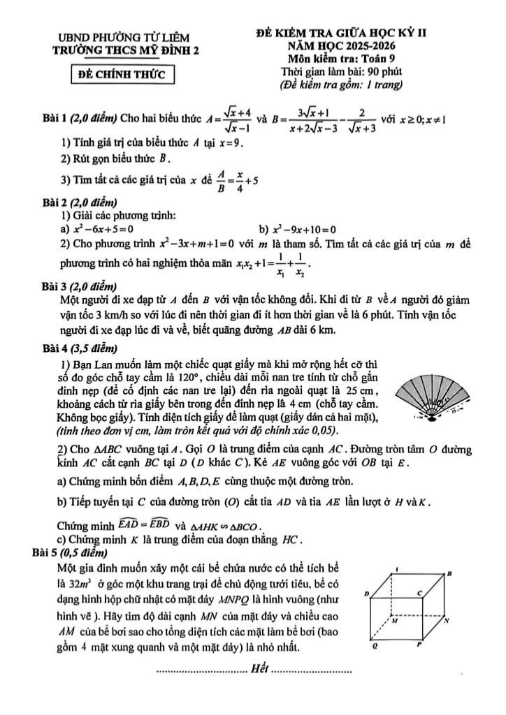 đề giữa học kỳ 2 toán 9 năm 2025 – 2026 trường thcs mỹ đình 2 – hà nội