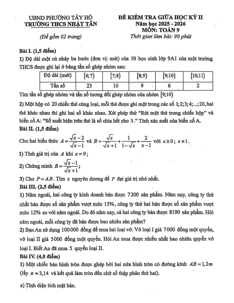 đề giữa học kỳ 2 toán 9 năm 2025 – 2026 trường thcs nhật tân – hà nội - hình 1