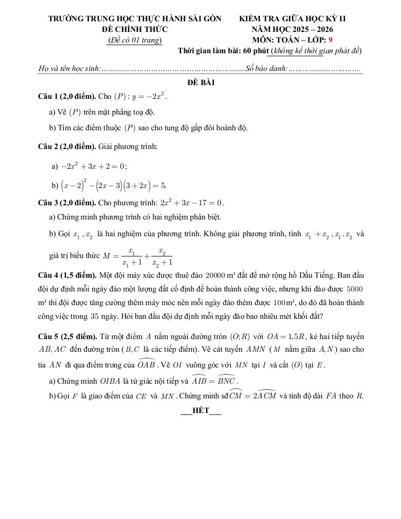 đề giữa học kỳ 2 toán 9 năm 2025 – 2026 trường thực hành sài gòn – tp hcm