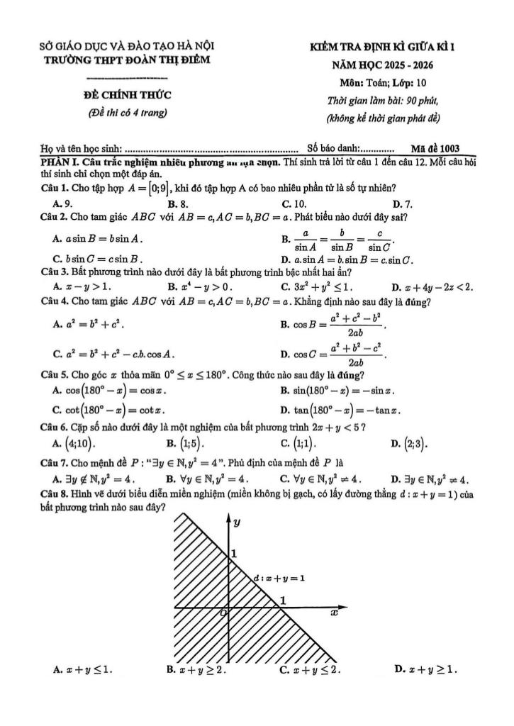 đề giữa kì 1 toán 10 năm 2025 – 2026 trường thpt đoàn thị điểm – hà nội 0
