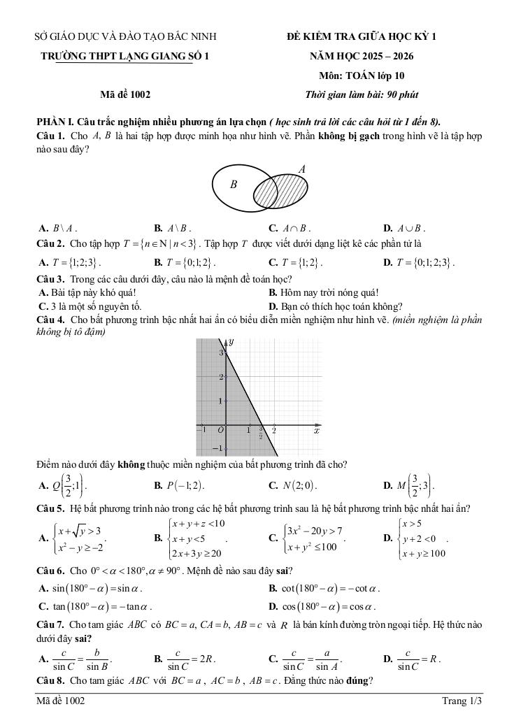 đề giữa kì 1 toán 10 năm 2025 – 2026 trường thpt lạng giang 1 – bắc ninh 3