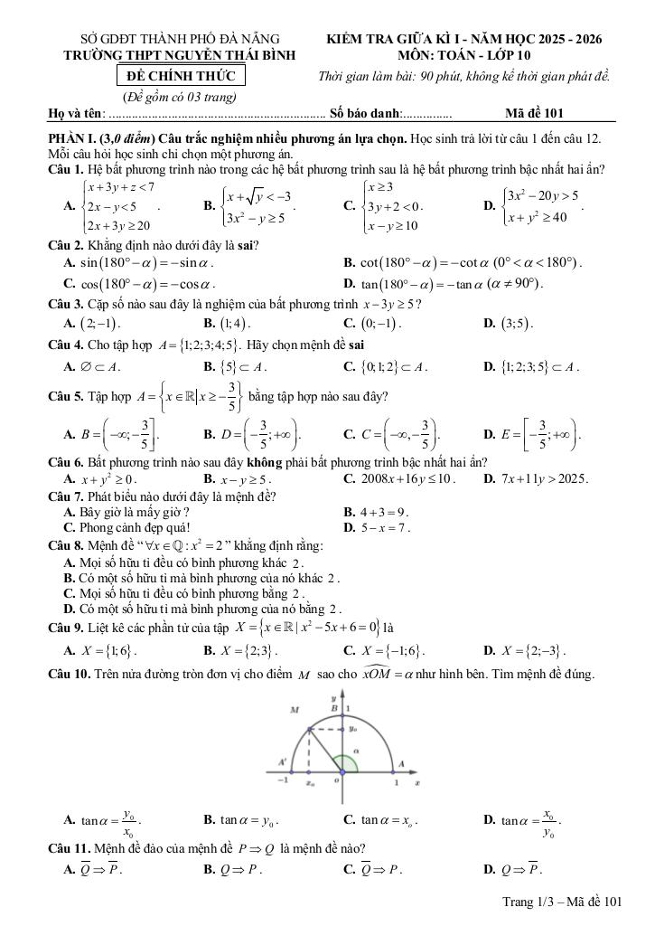 đề giữa kì 1 toán 10 năm 2025 – 2026 trường thpt nguyễn thái bình – đà nẵng 0