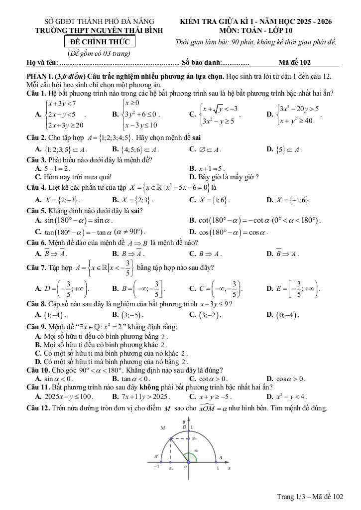 đề giữa kì 1 toán 10 năm 2025 – 2026 trường thpt nguyễn thái bình – đà nẵng 3