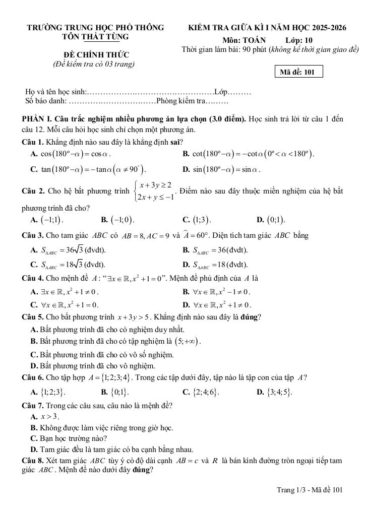 đề giữa kì 1 toán 10 năm 2025 – 2026 trường thpt tôn thất tùng – đà nẵng 0