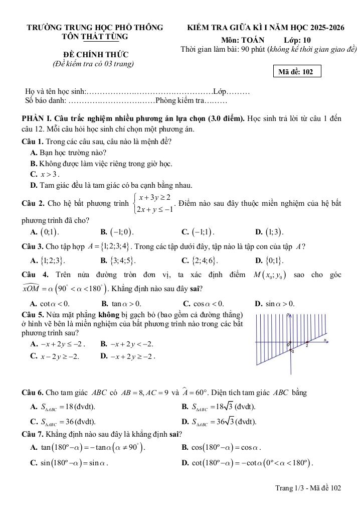 đề giữa kì 1 toán 10 năm 2025 – 2026 trường thpt tôn thất tùng – đà nẵng 3