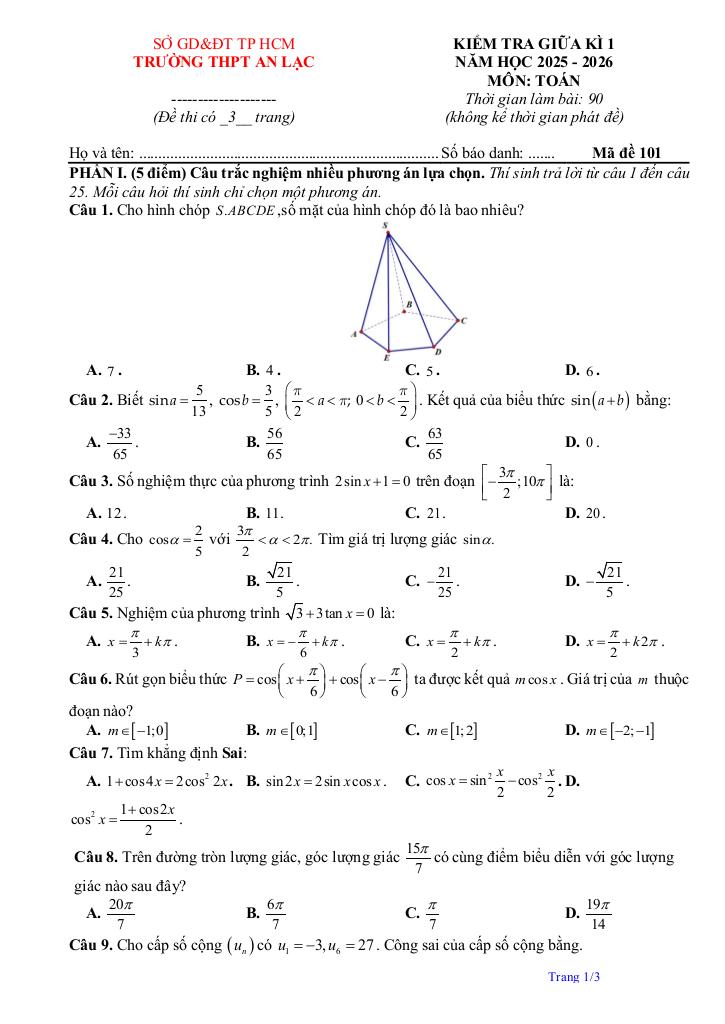 đề giữa kì 1 toán 11 năm 2025 – 2026 trường thpt an lạc – tp hcm 0
