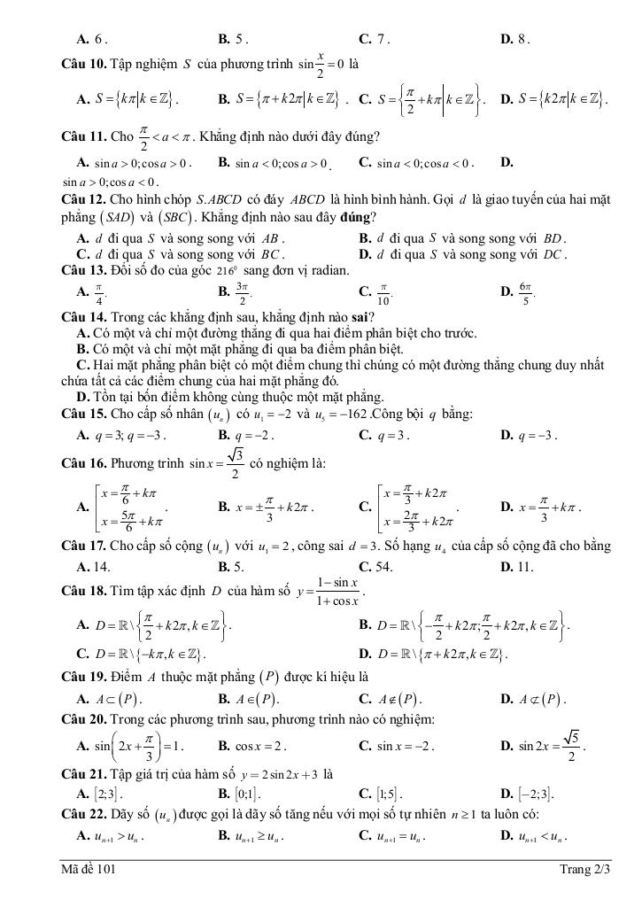 đề giữa kì 1 toán 11 năm 2025 – 2026 trường thpt an lạc – tp hcm 1