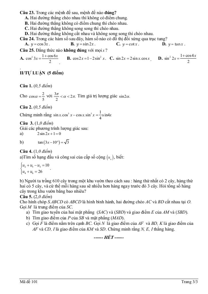 đề giữa kì 1 toán 11 năm 2025 – 2026 trường thpt an lạc – tp hcm 2