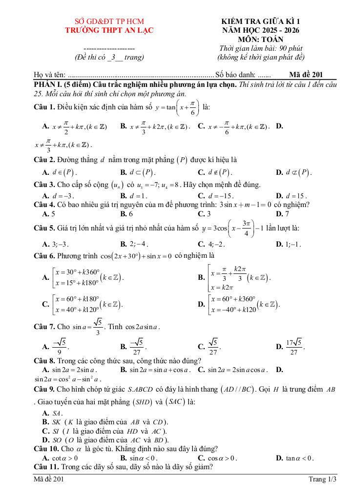 đề giữa kì 1 toán 11 năm 2025 – 2026 trường thpt an lạc – tp hcm 3