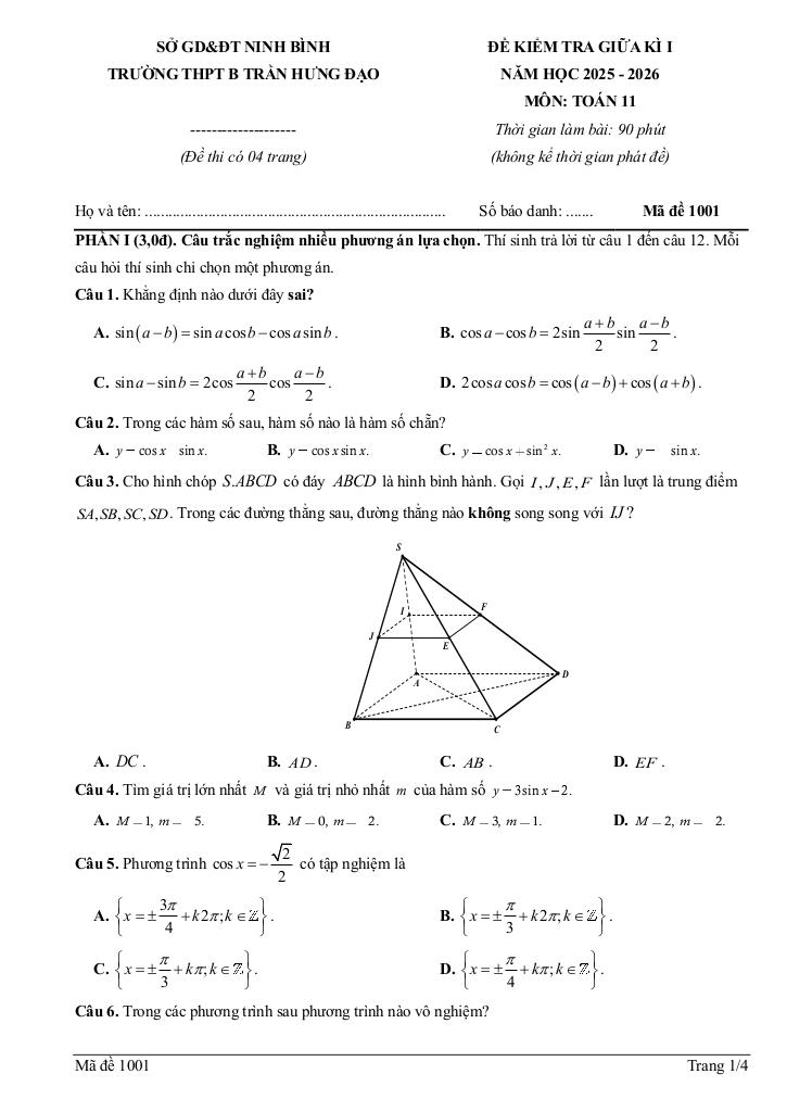 đề giữa kì 1 toán 11 năm 2025 – 2026 trường thpt b trần hưng đạo – ninh bình 0