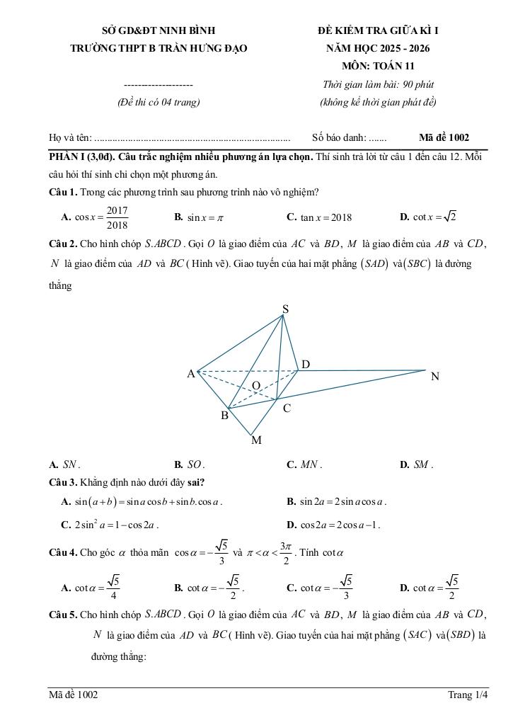 đề giữa kì 1 toán 11 năm 2025 – 2026 trường thpt b trần hưng đạo – ninh bình 4