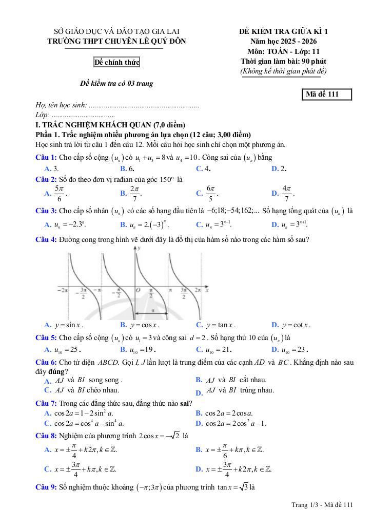 đề giữa kì 1 toán 11 năm 2025 – 2026 trường thpt chuyên lê quý đôn – gia lai 0