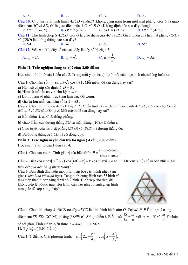 đề giữa kì 1 toán 11 năm 2025 – 2026 trường thpt chuyên lê quý đôn – gia lai 1