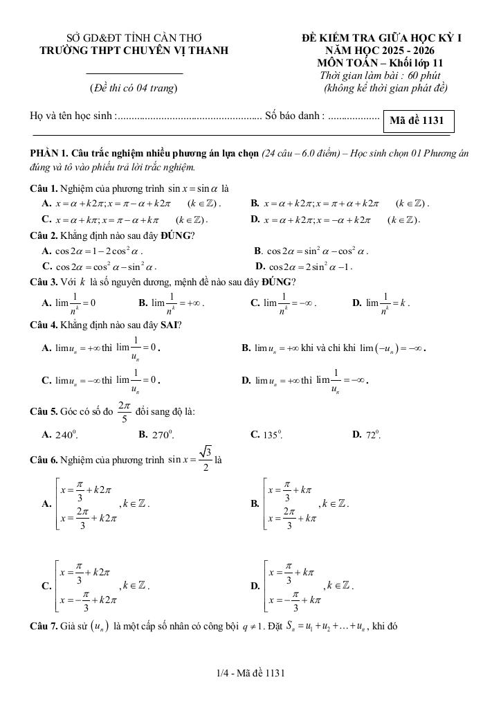 đề giữa kì 1 toán 11 năm 2025 – 2026 trường thpt chuyên vị thanh – cần thơ 0