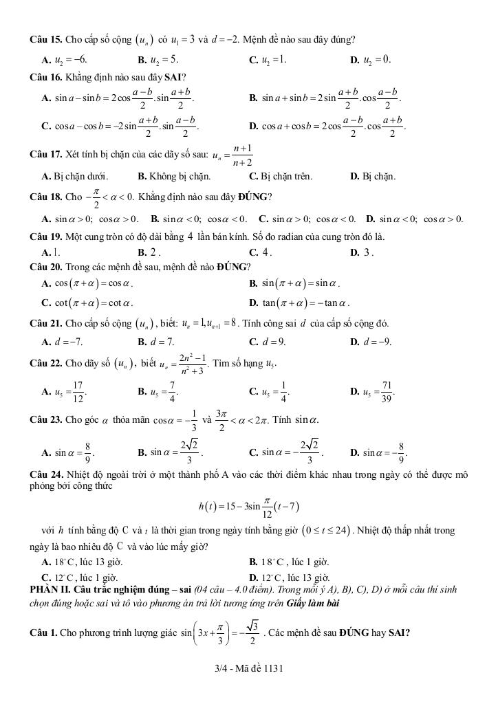 đề giữa kì 1 toán 11 năm 2025 – 2026 trường thpt chuyên vị thanh – cần thơ 2