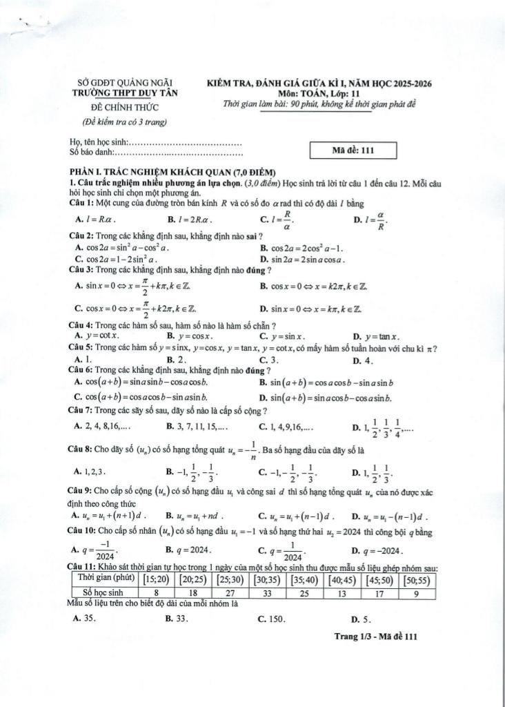 đề giữa kì 1 toán 11 năm 2025 – 2026 trường thpt duy tân – quảng ngãi 0