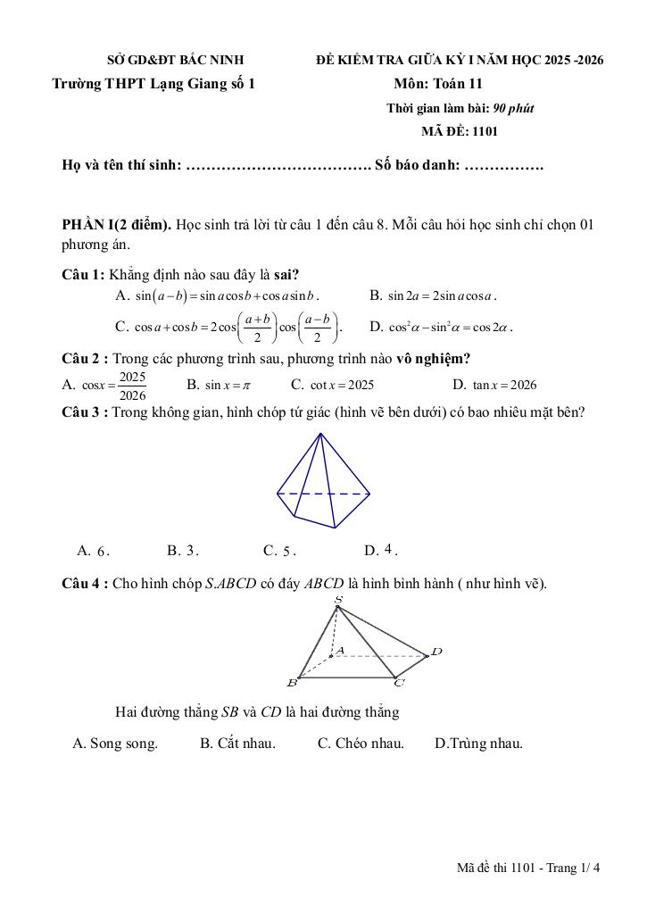 đề giữa kì 1 toán 11 năm 2025 – 2026 trường thpt lạng giang 1 – bắc ninh 0