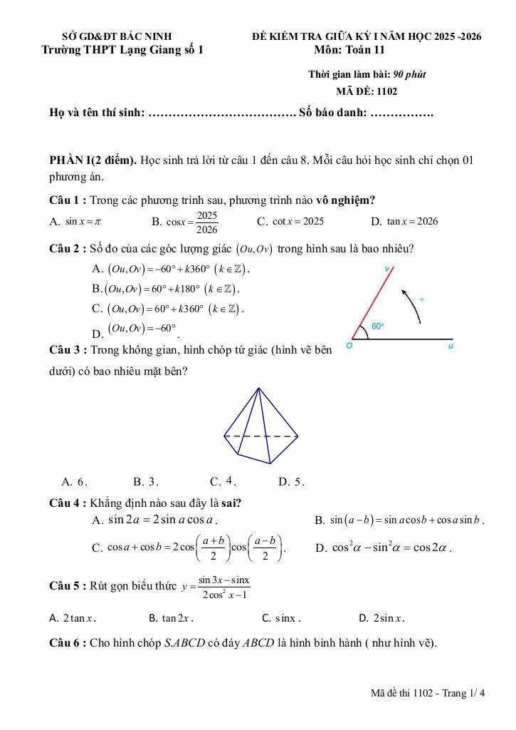 đề giữa kì 1 toán 11 năm 2025 – 2026 trường thpt lạng giang 1 – bắc ninh 4