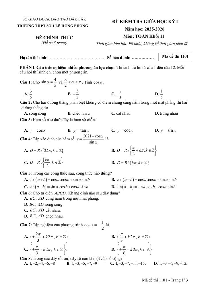đề giữa kì 1 toán 11 năm 2025 – 2026 trường thpt lê hồng phong 1 – đắk lắk 0