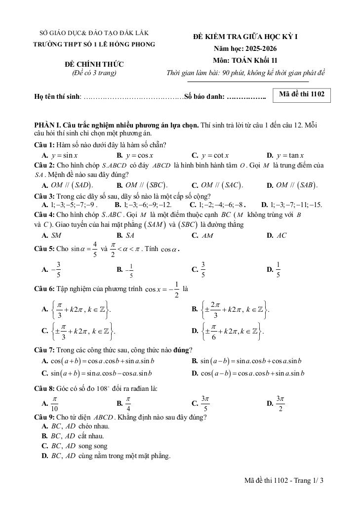 đề giữa kì 1 toán 11 năm 2025 – 2026 trường thpt lê hồng phong 1 – đắk lắk 3