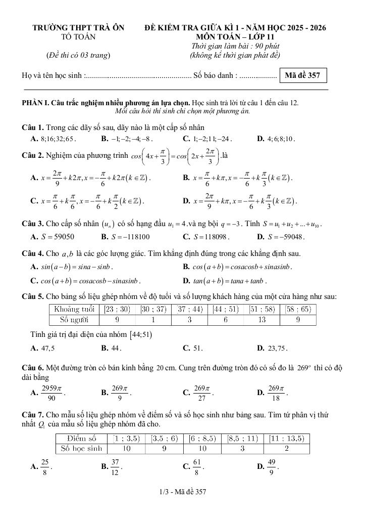 đề giữa kì 1 toán 11 năm 2025 – 2026 trường thpt trà ôn – vĩnh long 0